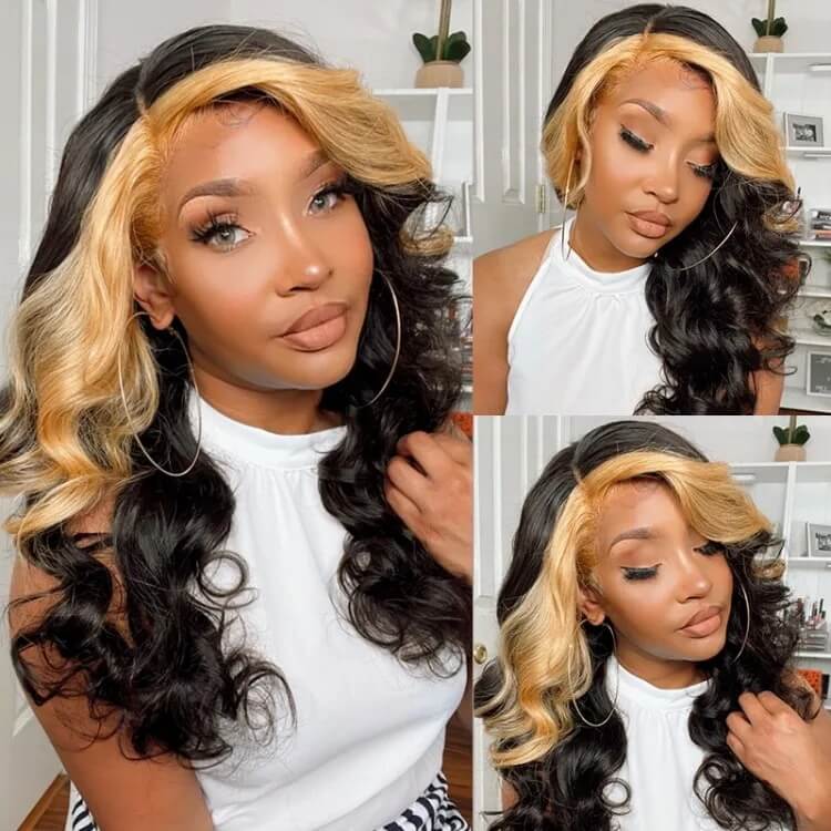 Skunk Stripe Wig with Honey Blonde Highlights Body Wave 13*4 Human Hair Lace Frontal Wig - Image 7