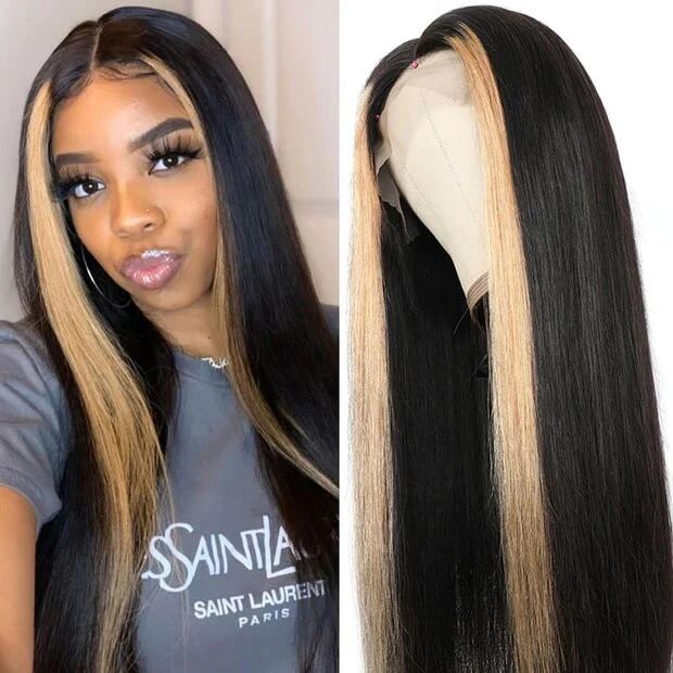 Skunk Stripe Wig with Honey Blonde Highlights Straight 13*4 Human Hair Lace Frontal Wig - Image 3