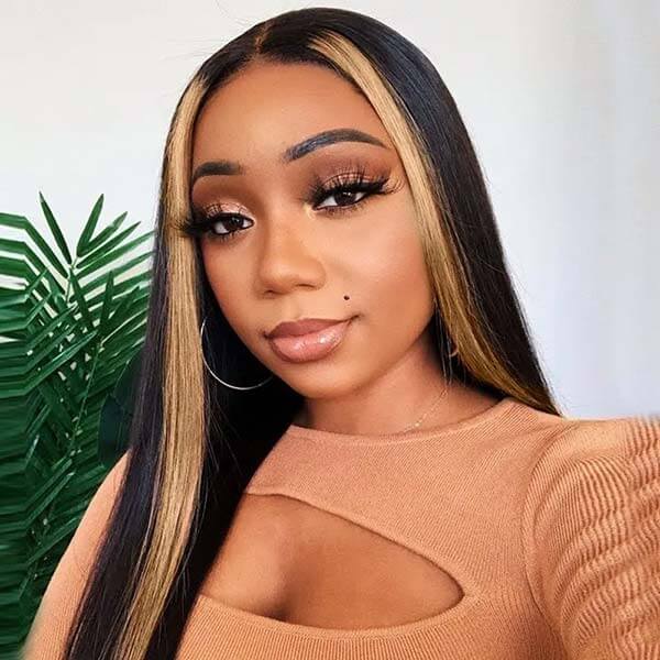 Skunk Stripe Wig with Honey Blonde Highlights Straight 13*4 Human Hair Lace Frontal Wig - Image 4