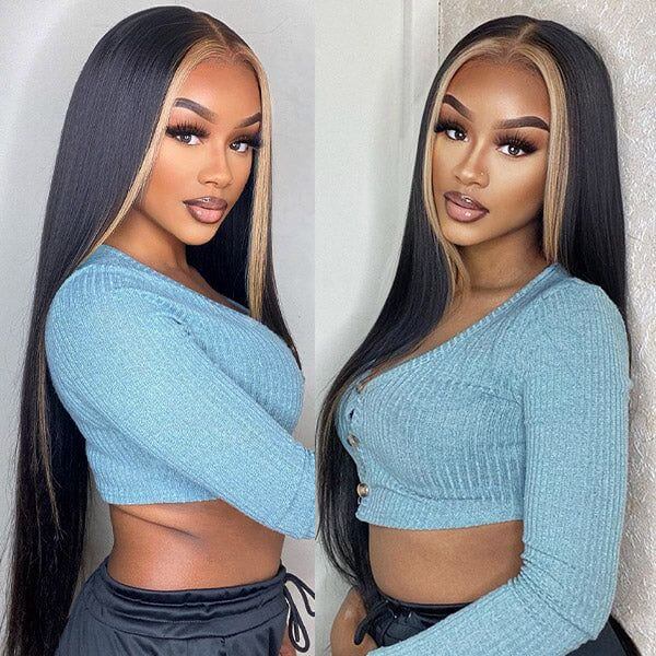 Skunk Stripe Wig with Honey Blonde Highlights Straight 13*4 Human Hair Lace Frontal Wig - Image 5