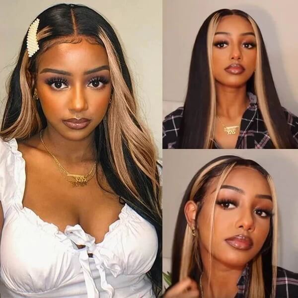 Skunk Stripe Wig with Honey Blonde Highlights Straight 13*4 Human Hair Lace Frontal Wig - Image 6