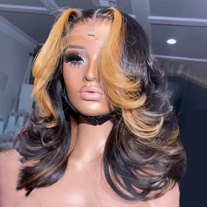 Skunk Stripe Yellow Ginger Brown Face-Framing Curtain Bangs Layered Cut Body Wave HD Lace Human Hair Wig - Image 5