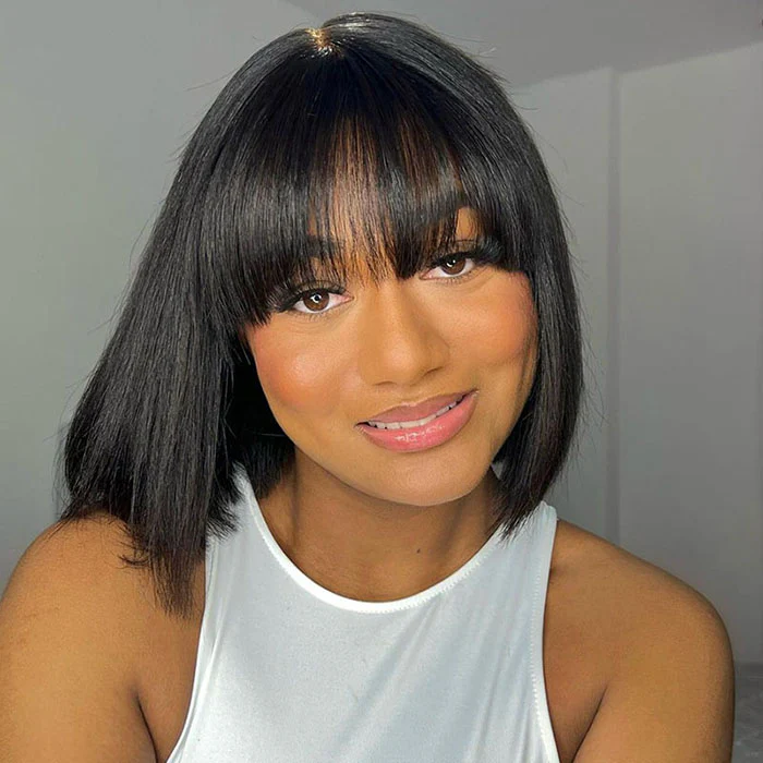 [BOGO] Straight Bob Wig with Bangs Blunt Cut 220% Desnity Glueless Human Hair Bob Wigs Beginner Friendly Special Offer - Image 4