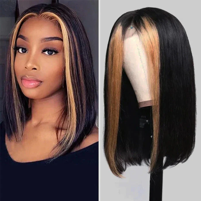 Straight Short Bob 13x4 Lace Font Wig With Blonde Highlights Streaks In Front Bob Wigs - Image 3