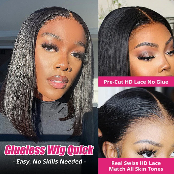 Pre Cut Wigs Air Cap Straight Bob Wig HD Lace Wigs Glueless Human Hair Wigs Beginner Friendly - Image 3