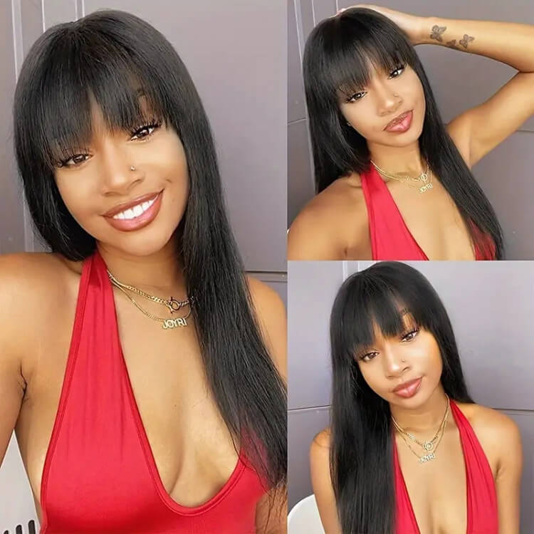 Straight Wig With Bangs Natural Color Top Lace Straight Human Hair Glueless Wig - Image 3