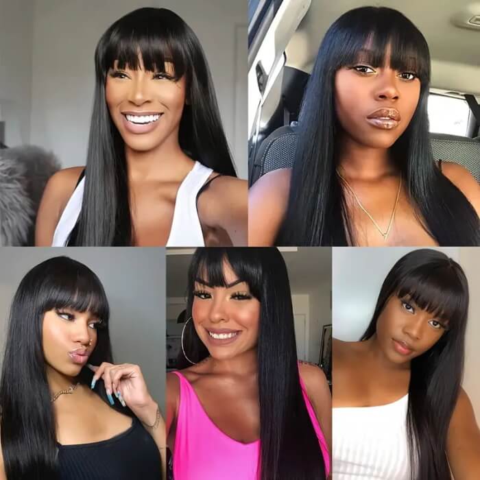 Straight Wig With Bangs Natural Color Top Lace Straight Human Hair Glueless Wig - Image 6