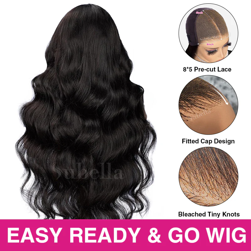 Subella Hair Ready and Go Glueless Wigs Pre Cut 8x5 HD Lace Body Wave Wig Undetectable Lace Closure Pre Bleached Knots Human Hair Wigs - Image 6