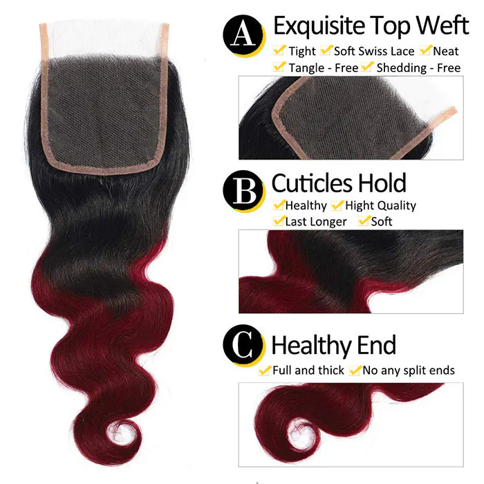 Subella Hair T1B/99j Ombre Body Wave Human Hair 3 Bundles With 4x4 Lace Closure - Image 5