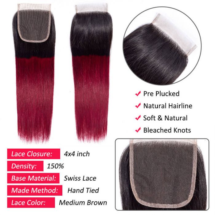 Subella Hair T1B/99j Ombre Straight Human Hair 3 Bundles With 4x4 Lace Closure - Image 3