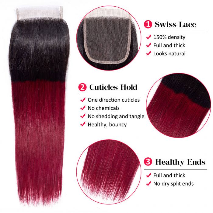 Subella Hair T1B/99j Ombre Straight Human Hair 3 Bundles With 4x4 Lace Closure - Image 4