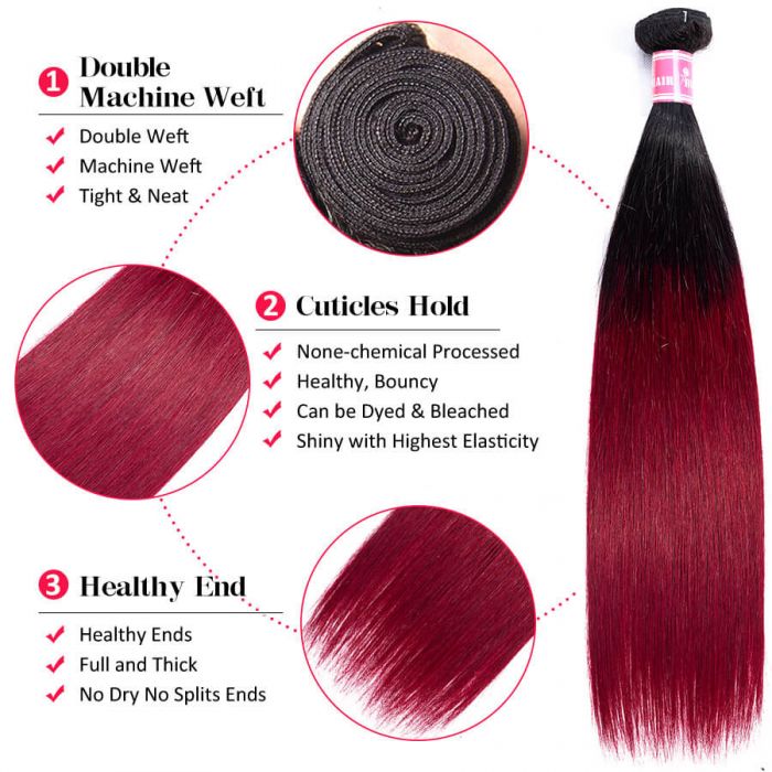 Subella Hair T1B/99j Ombre Straight Human Hair 3 Bundles With 4x4 Lace Closure - Image 5