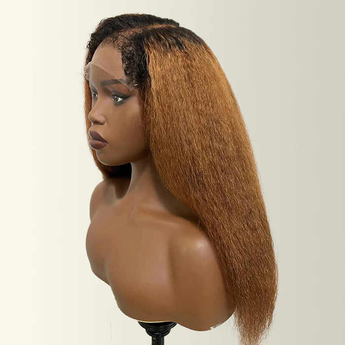 T1B/30 Dark Roots 4C Kinky Edges Hairline Kinky Straight Glueless Wig Pre Cut HD Lace Ombre Human Hair Wigs - Image 3