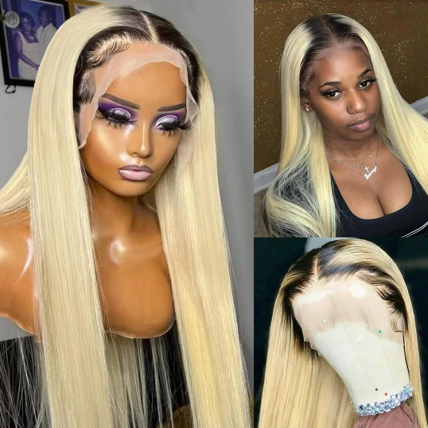 T1B/613 Dark Roots Blonde Wig Pre Bleached Ombre Straight HD Lace Front Human Hair Wigs - Image 2
