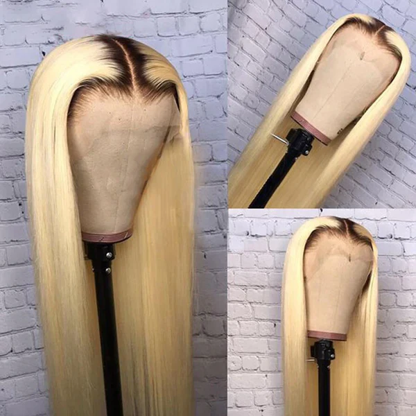 T1B/613 Dark Roots Blonde Wig Pre Bleached Ombre Straight HD Lace Front Human Hair Wigs - Image 4