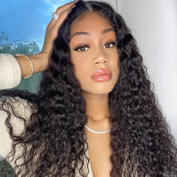Water Wave HD Transparent 4x4 Lace Closure Wig Natural Black 180% Density Human Hair Wigs - Image 5