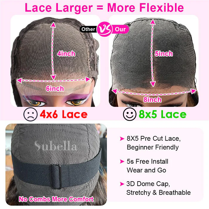 Subella Hair| 8x5 HD Lace Put On And Go Glueless Wigs Reddish Brown Body Wave & Water Wave Pre-Cut Lace - Image 7