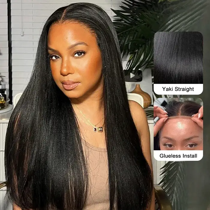 Yaki Straight Glueless Wig Pre Plucked 8x5 Pre Cut HD Lace Put On Go Human Hair Wigs - Image 2